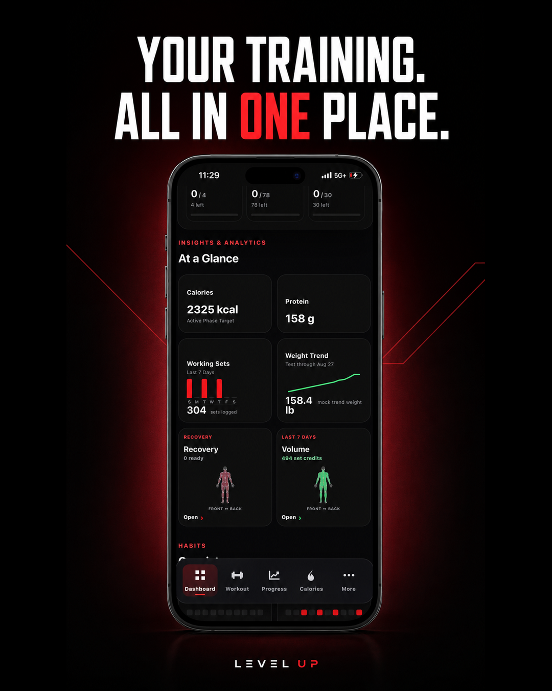 Level Up dashboard with training, nutrition, recovery and progress at a glance