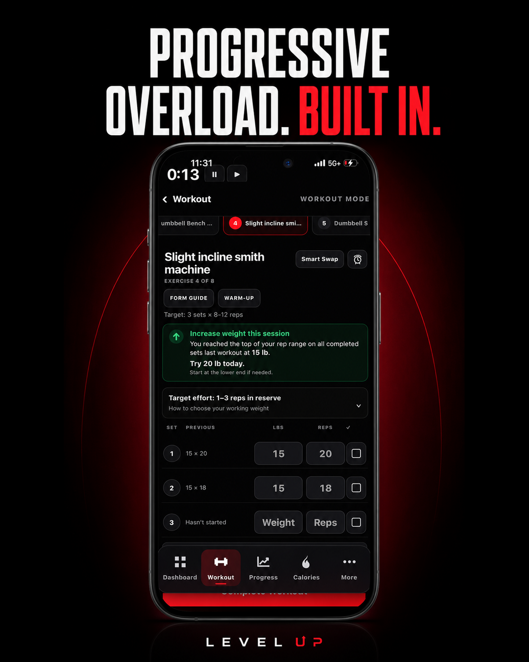 Level Up workout screen recommending a progressive overload weight increase