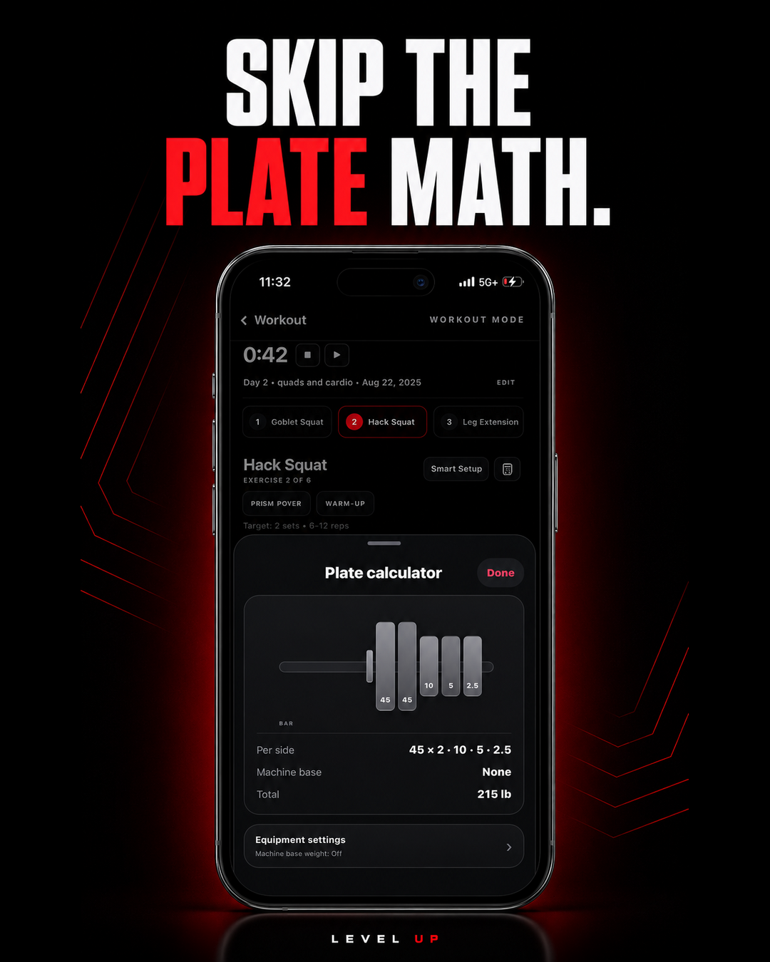 Level Up plate calculator showing the plates needed for a 215 pound lift
