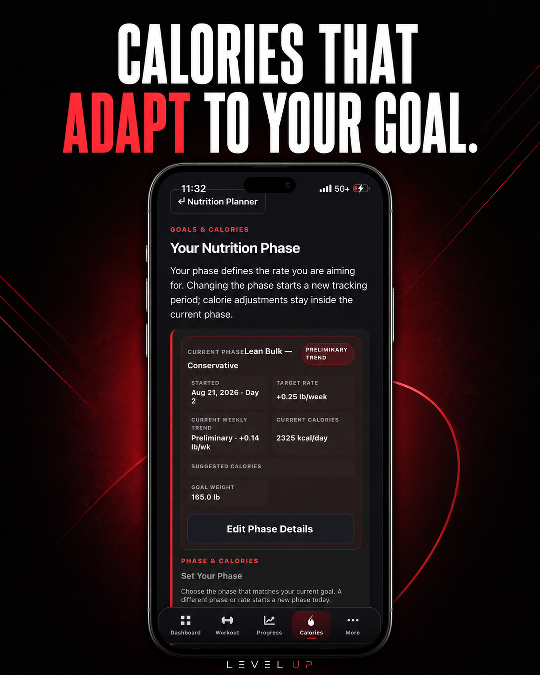 Level Up nutrition phase screen with goal-based adaptive calories