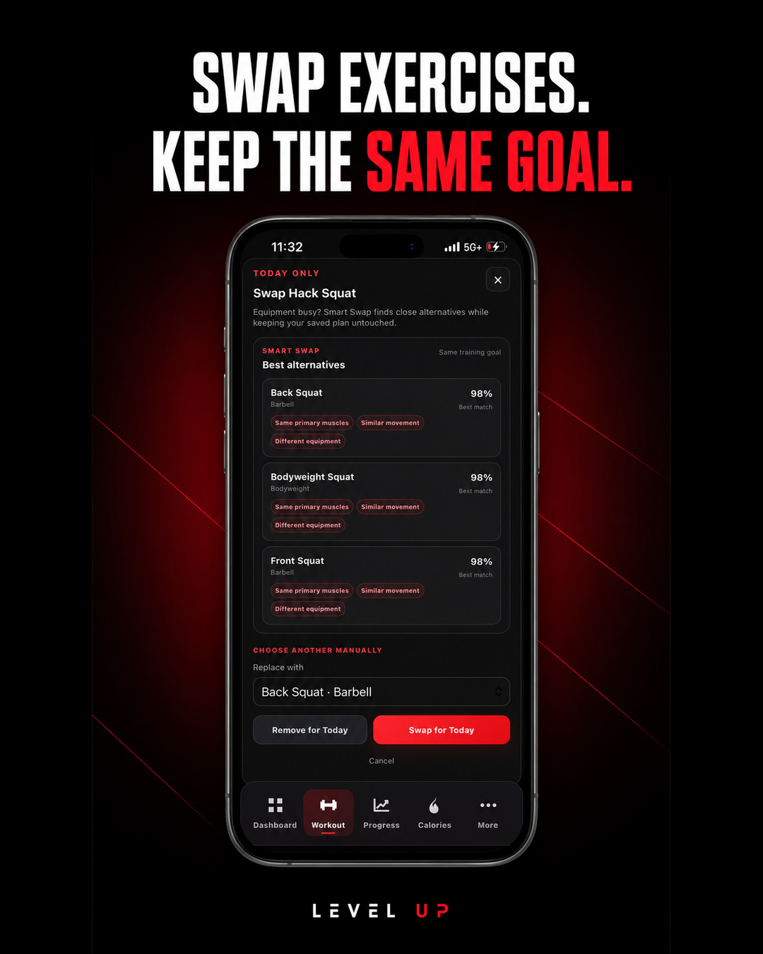 Level Up Smart Swap screen suggesting exercises with the same training goal